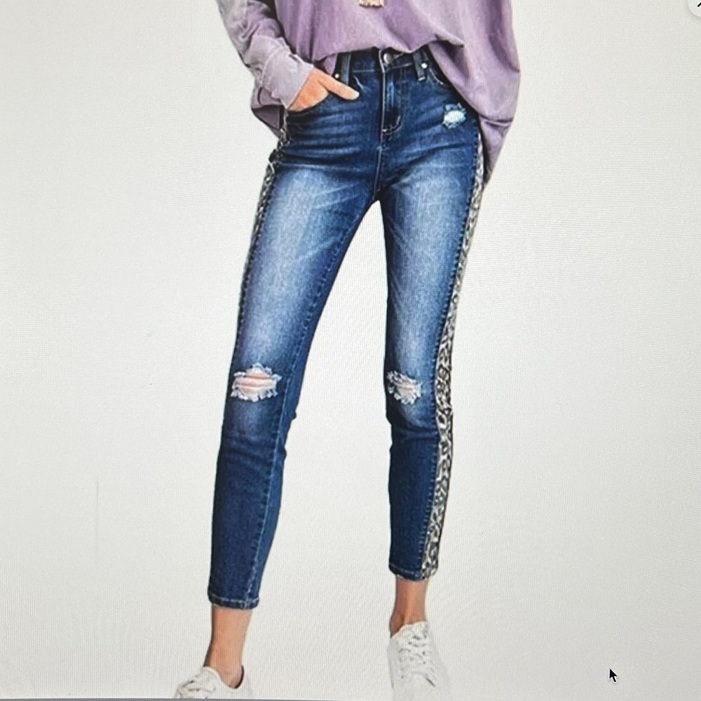 EASEL Denim Blue Jeans With Leopard Print Side Detailing Size M